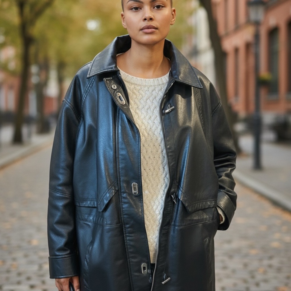 Trendy Oversized Black Leather Trench